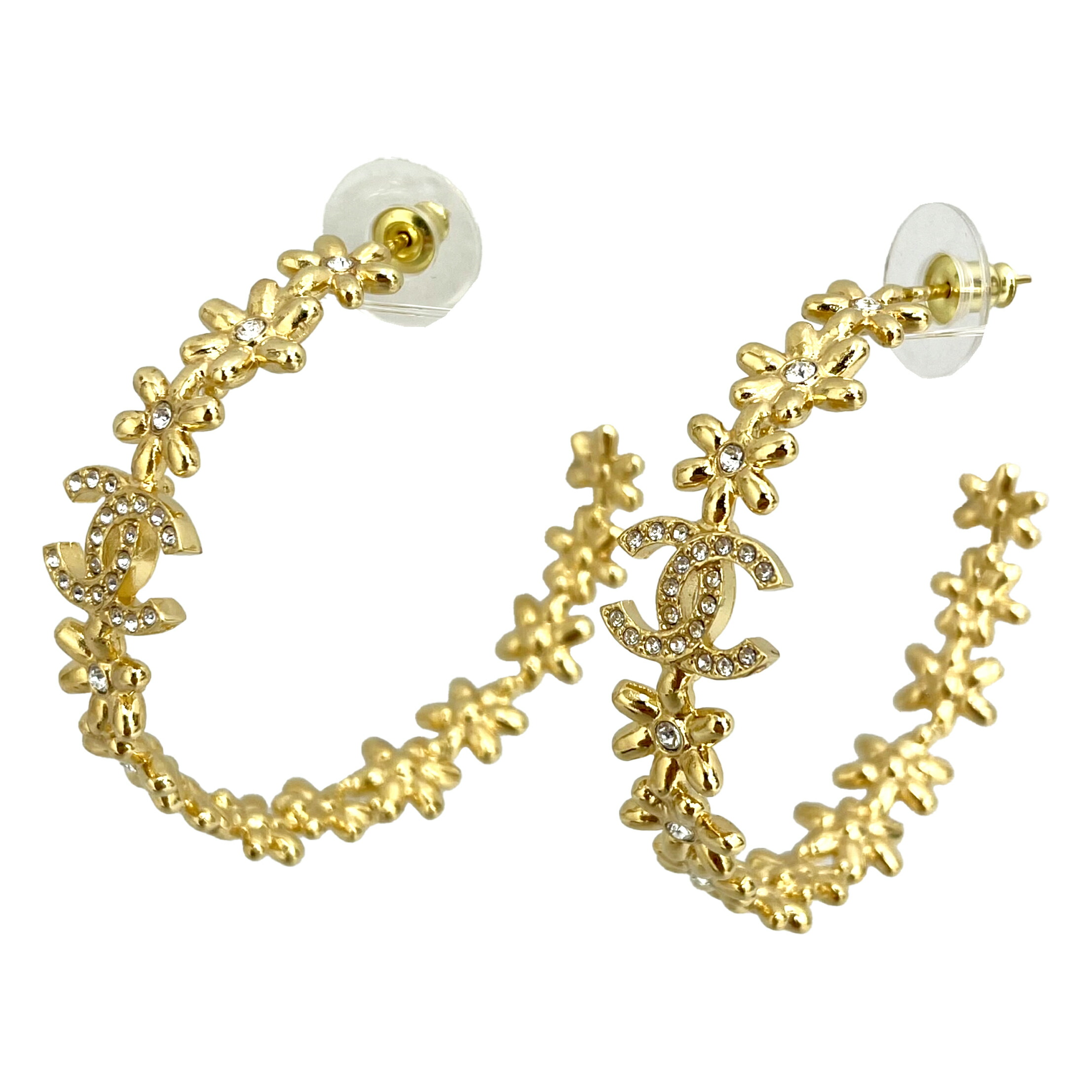 美品★CHANELシャネル★ゴールドフープピアスラインストーンココクラッシュ風 美品☆CHANELシャネル☆ゴールドフープピアスラインストーンココ