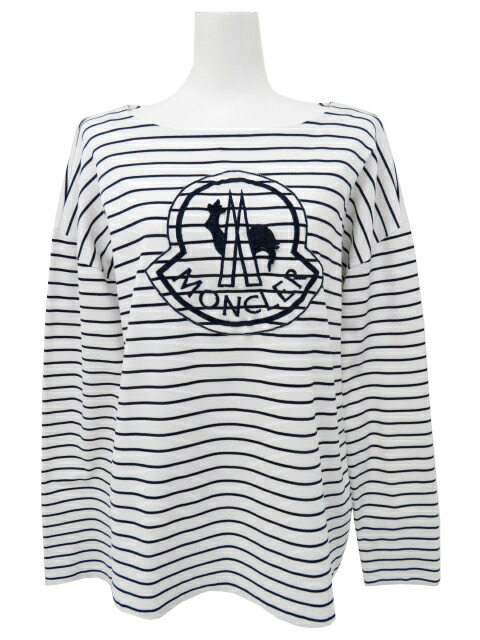 MONCLER ボーダーカットソー ロゴ刺繍入り ホワイト×ネイビー M A1【中古】|セレブbyエンデバー