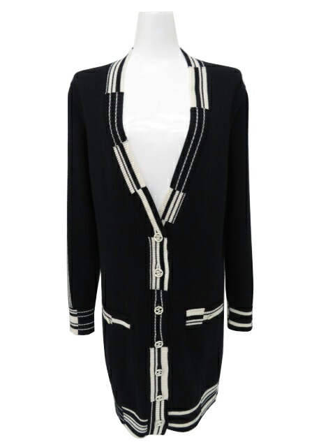 ＣＨＡＮＥＬ　カシミヤロングカーディガン　ブラック×ホワイト　36　A1【中古】