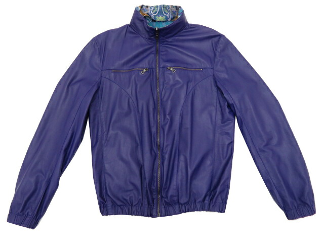 ＥＴＲＯ　メンズ　リバーシブル レザー ブルゾン　レザー×ペイズリー柄　パープル×グリーン系　M　A1【中古】