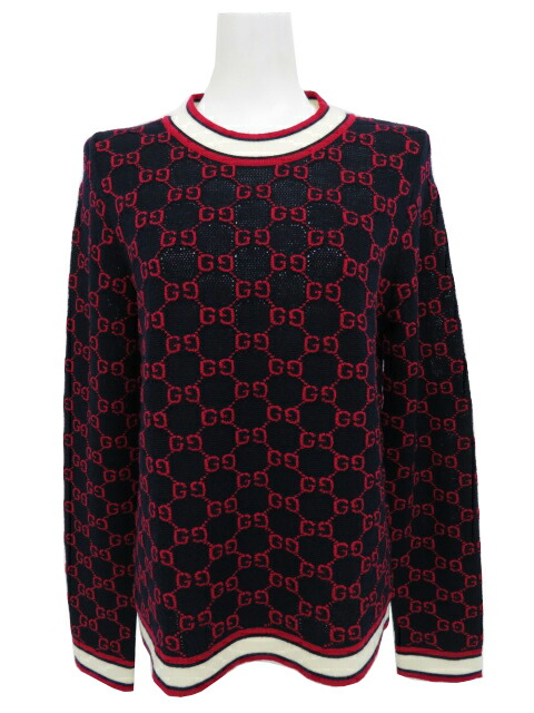 ＧＵＣＣＩ　ダブルG柄 ニット セーター　ネイビー&times;レッド&times;ホワイト　M　A1【中古】｜セレブbyエンデバー