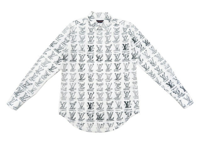 LOUIS VUITTON メンズ LV ロゴ プレイズ シャツ ホワイト×ブラック M A1【中古】|セレブbyエンデバー
