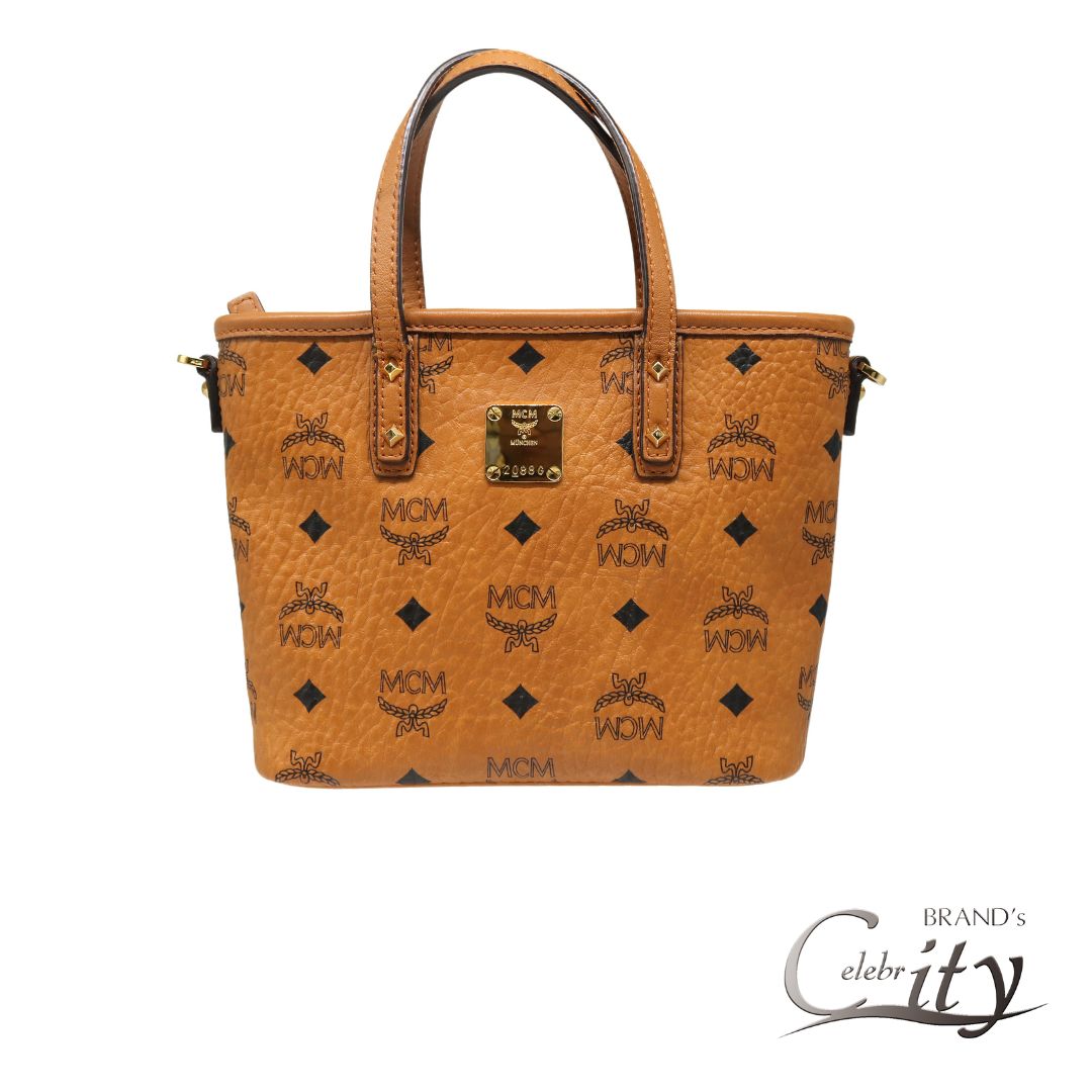 【SALE制限事項通貨価値】MCM【エムシーエム】2WAY ショルダーバッグブラウンベージュ/ゴールド金具MWP7AVI35【USED】