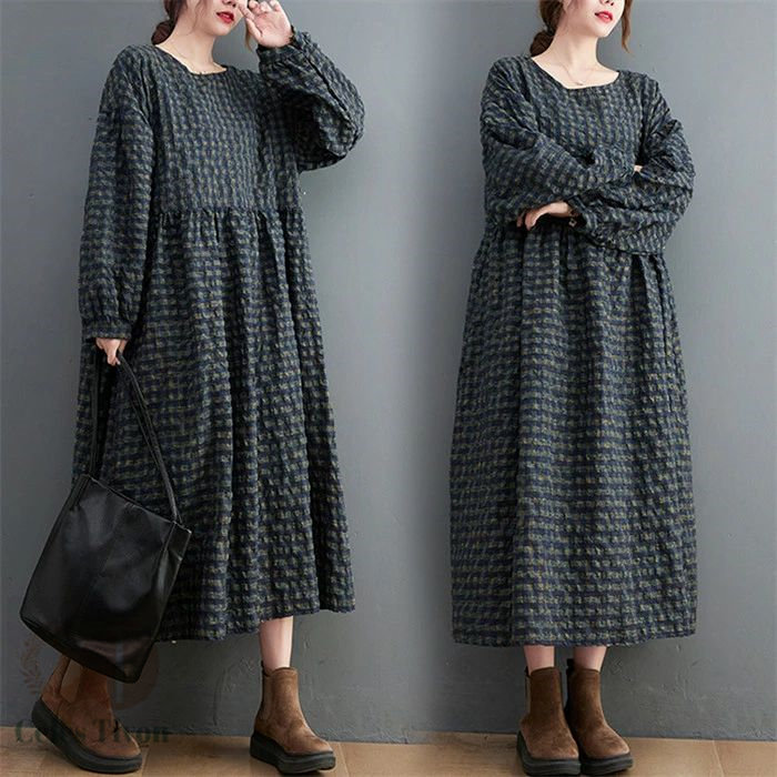 新品 ワンピース 黒 秋冬 長袖 チェック ナチュラル F 大きいサイズ ロング 新品 ワンピース 黒 秋冬 長袖 チェック ナチュラル F 大きいサイズ