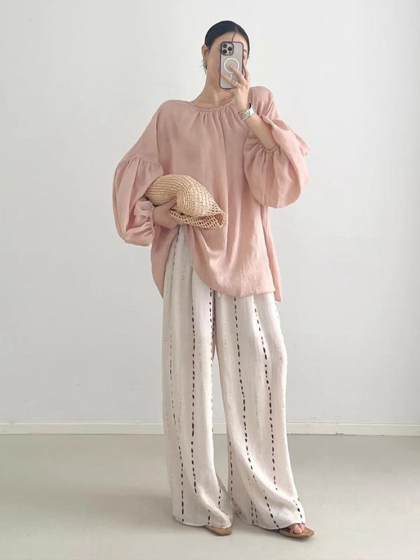 レディース セットアップ 2点セット シャツ トップス ワイドパンツ パフスリーブ 綿麻 リネン混 総柄 ストレート UVカット 体型カバー ゆったり 涼しい カジュアル 夏