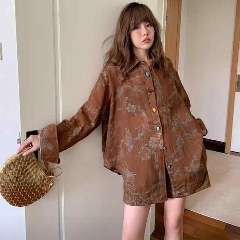 レディース セットアップ 2点セット シャツ ショートパンツ 長袖 プリント 総柄 ブラウン きれいめ 大人可愛い トレンド カジュアル お出かけ 春 夏