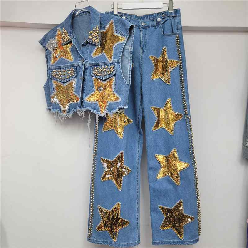 レディース デニムパンツ ジーンズ セットアップ 星柄 スター 刺繍 ハイウエスト ストレート ゆったり ワイドパンツ 細見え スタイルアップ 脚長効果 体型カバー 高見え デザイン 上品 カジュアル 大人可愛い 春夏 秋