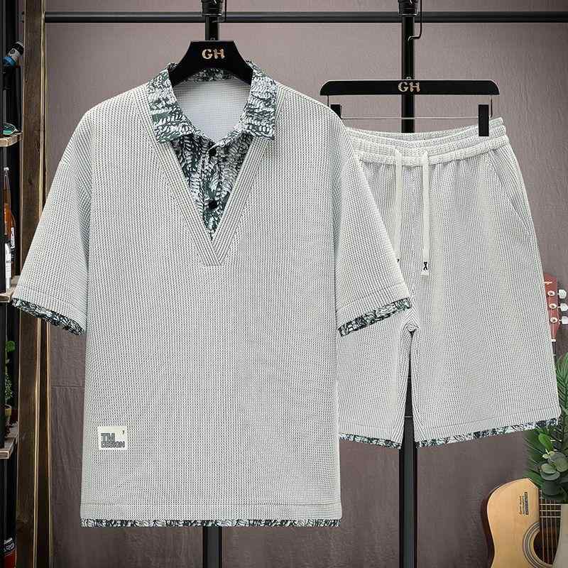 メンズ セットアップ ポロ襟 切り替え 2点セット 半袖 Tシャツ ハーフパンツ 綿混 ゆったり スポーツ カジュアル ストリート 動きやすい トレンド 夏服