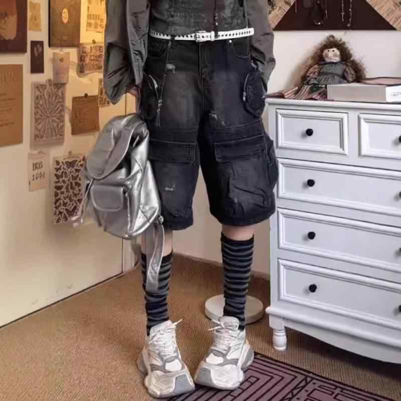 デニムショーツ レディース 大サイズ アメリカン ストリート レトロ ウォッシュド カーゴ マルチポケット ルーズ ワイドレッグ 5分丈 スリム見せ