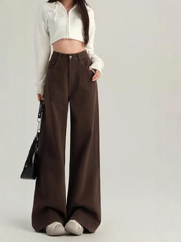 レディース ワイドパンツ デニム ジーンズ ハイウエスト ストレート ゆったり レトロ ヴィンテージ風 高見え 上品 カジュアル 普段使い 体型カバー 脚長効果 ブラウン 夏