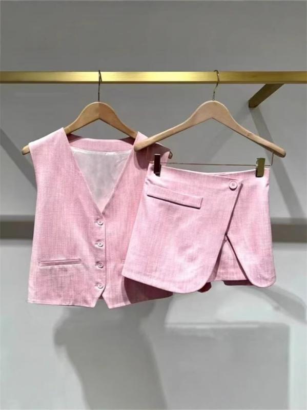 レディース セットアップ 上下セット ベスト ジレ スカパン キュロット ショートパンツ Vネック シングルボタン シンプル 無地 上品 きれいめ 大人可愛い トレンド 高見え お出かけ カジュアル フレンチスタイル 春夏