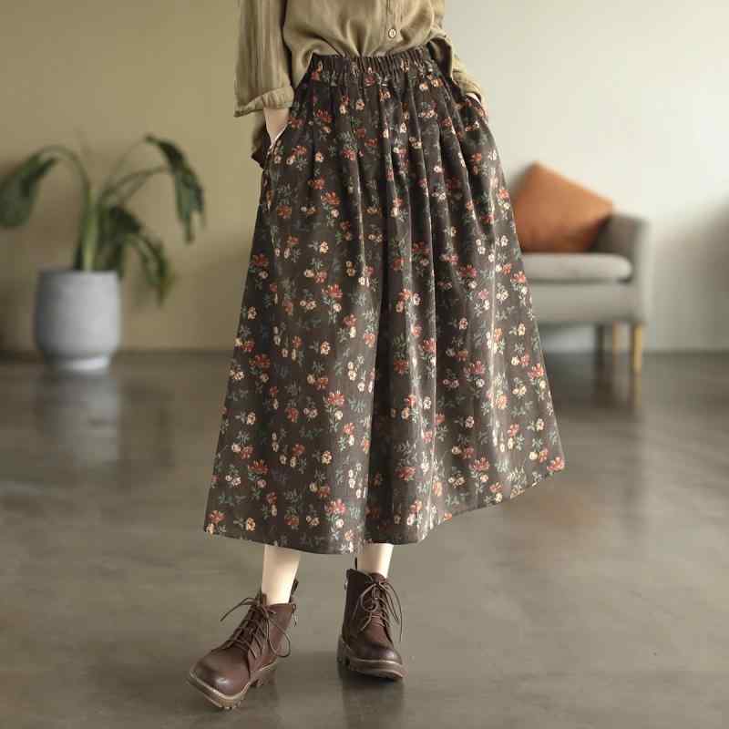 スカート レディース 秋冬 ピンク ベルベット 小花柄 ミディ レトロ ビッグサイズ ハイウエスト Aライン