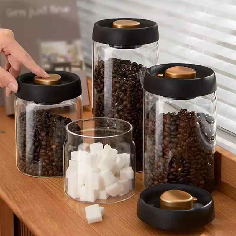 保存容器 キャニスター 真空 密閉 耐熱ガラス コーヒー豆 茶葉 珈琲 食品用 ストッカー 排気機能 酸化防止 湿気防止 透明 キッチン収納 インテリア おしゃれ