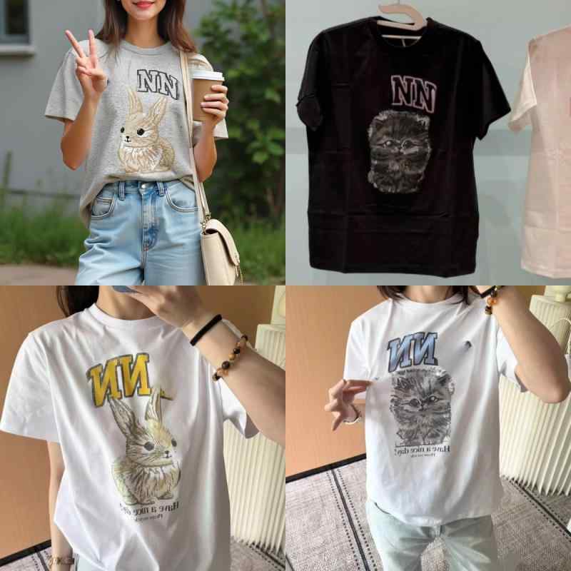 レディース Tシャツ 半袖 クルーネック 綿100% プリント ウサギ ネコ 動物 アニマル デザイン ゆったり トップス 楽ちん 大人可愛い カジュアル 春夏