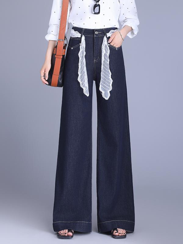 レディース ワイドパンツ デニム ジーンズ ハイウエスト ストレート レースベルト付き 大きいサイズ ゆったり 薄手 脚長効果 体型カバー カジュアル 春夏