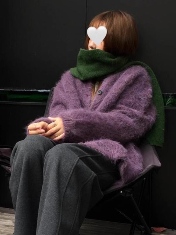 レディース ジレー 編み物 ティーシャツ Vのど首 モヘヤ風 ミンクのコート触れ合う 朦朦たる ゆったり ルーズシルエット 高押し出し 雅びやか 好いたらしいめ 成年者好いたらしい 羽織り アウター パープル 紫 秋冬