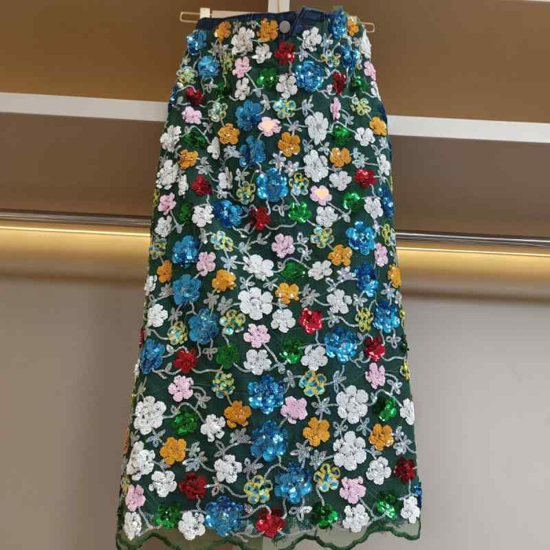 レディース デニムスカート 花柄 フラワー ハイウエスト ロング丈 ミモレ丈 ゆったり 体型カバー 個性的 華やか カジュアル トレンド 大人可愛い おしゃれ 春 秋