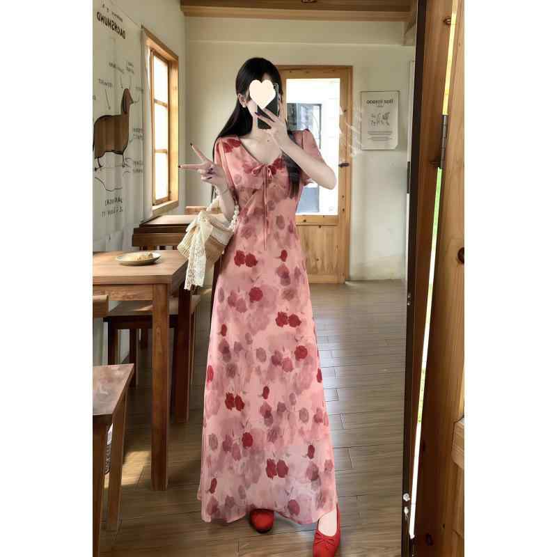 レディース ワンピース Vネック マキシ丈 ロング丈 タイト ローズ柄 花柄 総柄 リゾート 上品 きれいめ 大人可愛い エレガント ピンク 春夏