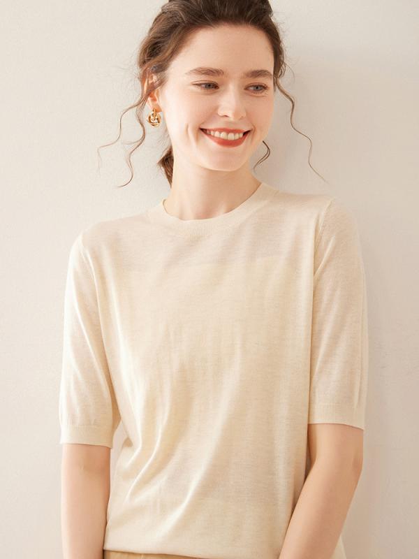 レディース ニット サマーニット 半袖 クルーネック ゆったり 無地 プルオーバー Tシャツ インナー トップス カジュアル 着回し 春服 シンプル きれいめ デイリー