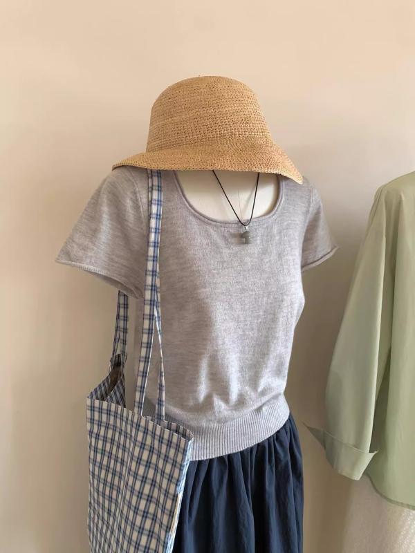 レディース Tシャツ サマーニット 半袖 Uネック スクエアネック ショート丈 クロップド丈 薄手 セットインスリーブ 低身長 小柄さん向け 韓国風 きれいめ カジュアル トレンド 夏 グレー