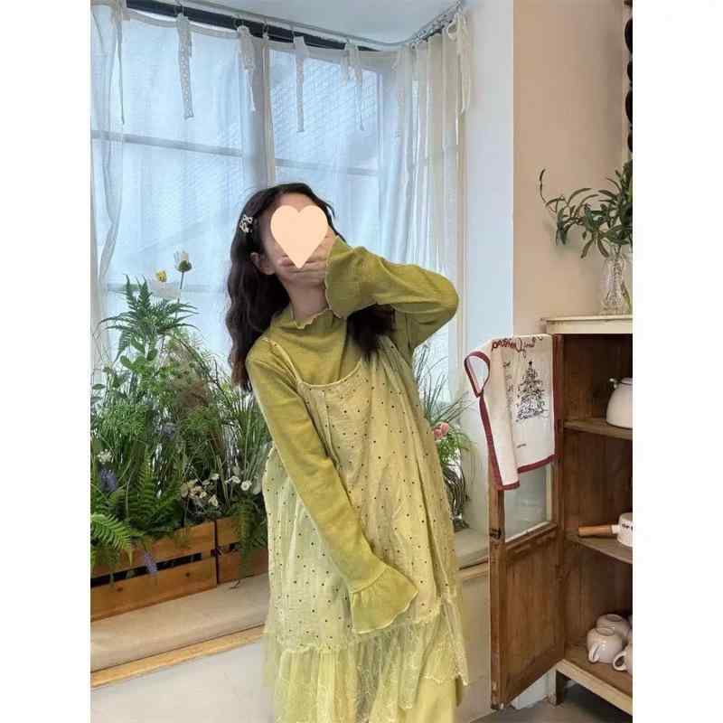 レディース 3点セット キャミソールワンピース 長袖Tシャツ スカート ゆったり レトロ ロング丈 重ね着 セットアップ 体型カバー 着回し 楽ちん カジュアル 大人可愛い きれいめ 上品 春 秋