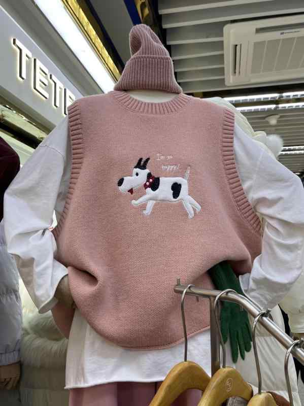 ニットベスト レディース 秋冬 小狗刺繍 丸首 ノースリーブ かわいい レイヤード プルオーバー セーター トップス 無袖 ニットウェア