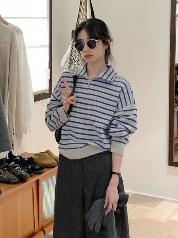 レディース ニット セーター トップス ストライプ ポロ襟 襟付き ウール 長袖 プルオーバー 韓国風 韓国ファッション 小柄向け 上品 きれいめ 大人可愛い 秋冬