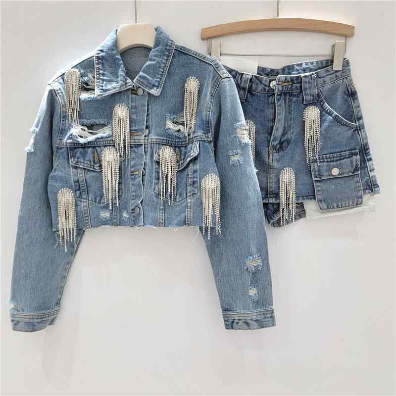 レディース セットアップ デニムジャケット ミニスカート 上下セット フリンジ ビジュー ダメージ加工 ショート丈 ストリート 個性的 カジュアル トレンド 春夏