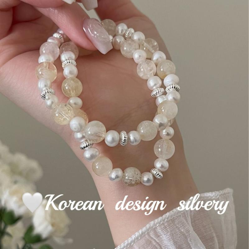 レディース ブレスレット 純銀 金髪水晶 パール レイヤリング シンプル ミニマル エレガント 高級感 アクセサリー ジュエリー ハンドチェーン 腕輪 韓国風 風 モダン スタイリッシュ