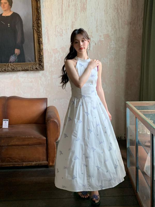 ワンピース レディース 春夏 韓国系 プリント花柄 白月光 ハイウエスト スタンドカラー ノースリーブ エレガント フェミニン かわいい 爽やか 通勤 デート