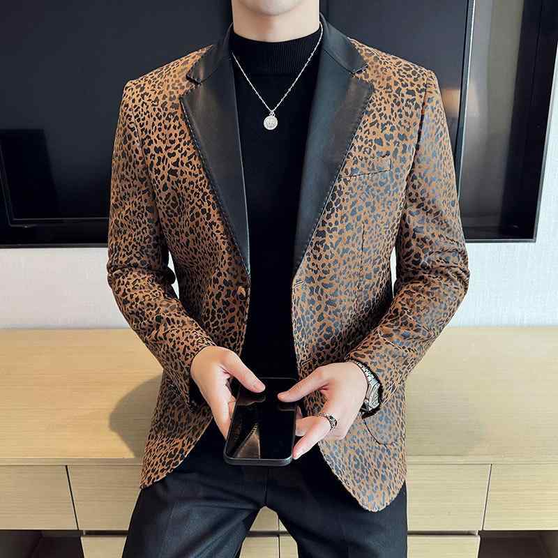 スーツジャケット メンズ 秋冬 ヒョウ柄 切り替え レザー カジュアル 大きいサイズ ビジネス トレンド ファッション スタイリッシュ 軽量 吸湿速乾 高級感｜くらしのセロネ
