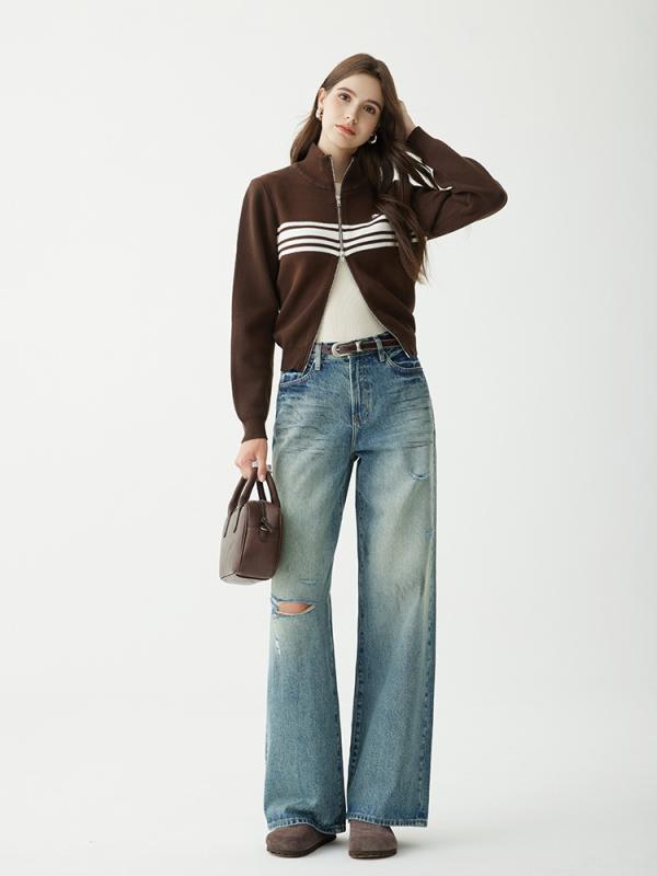 レディース デニムパンツ ワイドパンツ ダメージ加工 ストレート ゆったり 細見え フルレングス ロング丈 体型カバー スタイルアップ 脚長効果 アメリカンカジュアル 春 夏 秋｜くらしのセロネ