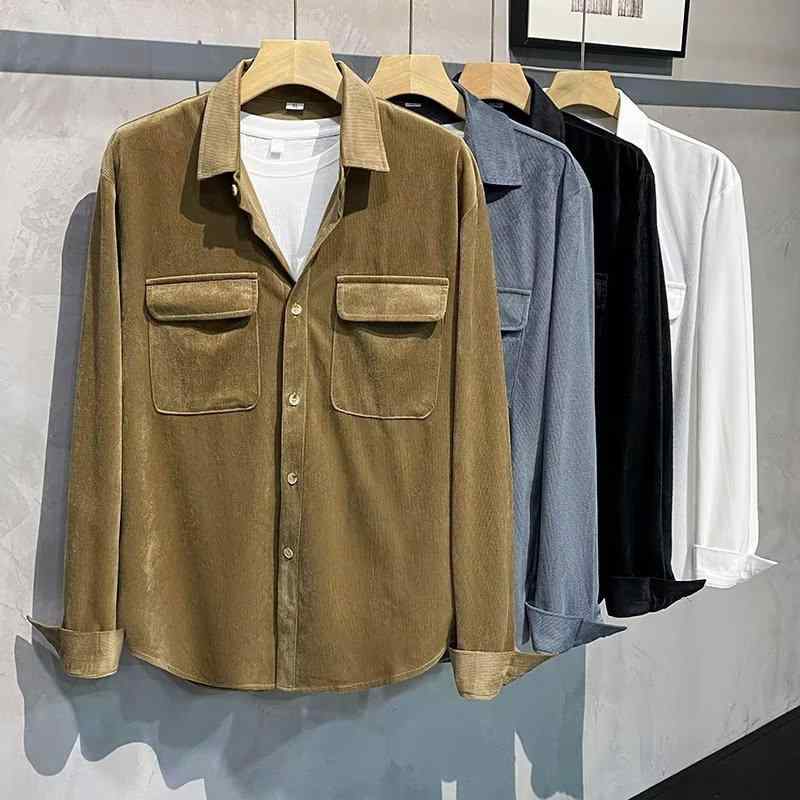 長袖シャツ メンズ レトロ シンプル コーデュロイ ワーク カジュアル ターンカラー 通勤 秋冬