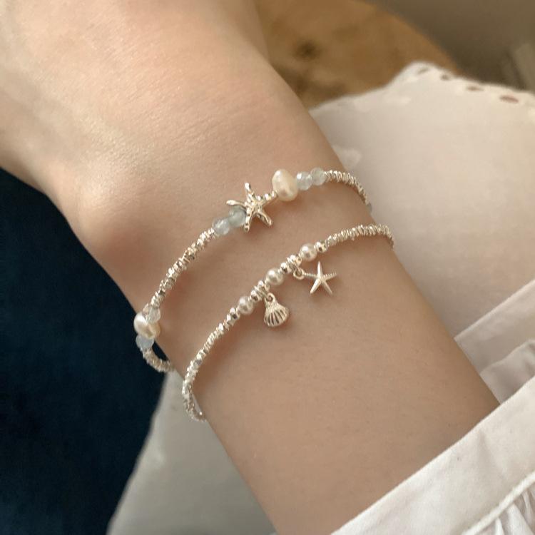 レディース ブレスレット 純銀 天然パール アクアマリン スターフィッシュ モチーフ 細銀粒子 クリアデザイン ハンドアクセサリー ファッション ジュエリー 日常使い シンプル かわいい ギフト 女性向け アクセサリー 手元コーデ トレンド デイリー ス