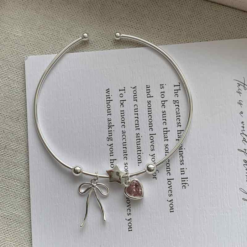 インスタ風 愛くるしげ レディース 腕輪 925純銀 ハート型 リボン結び 星主題 サクラ色系 愛くるしげ 冷やりとした 風 お上さん 手関節 宝飾品 佩び物 デイリー 流行り物