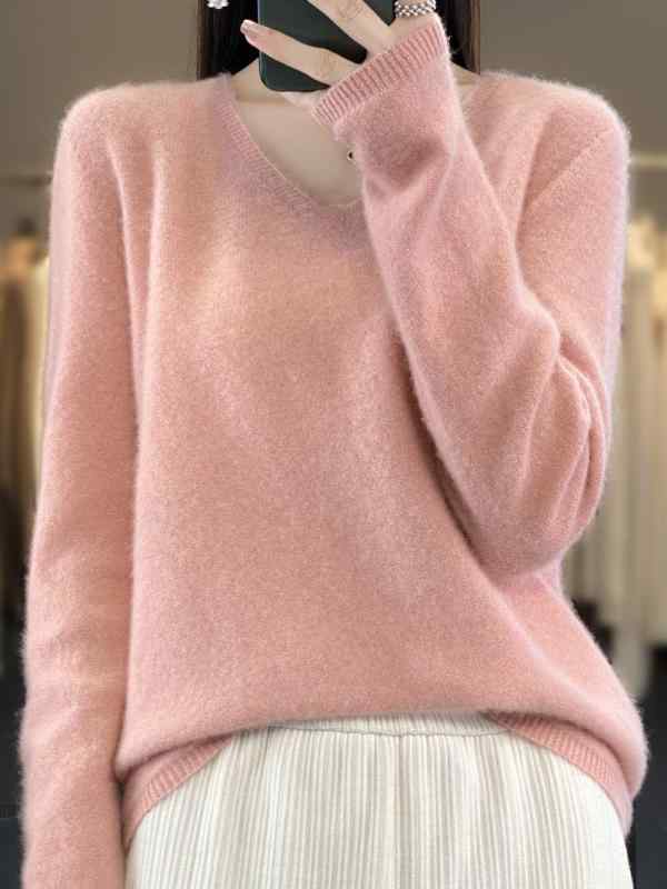 秋冬 レディース Vネック プルオーバー ニットセーター 厚手 ゆったり ウール 単色 光沢 インナー ベースレイヤー 暖かみ 柔らか素材 日常使い 通勤 通学 部屋着
