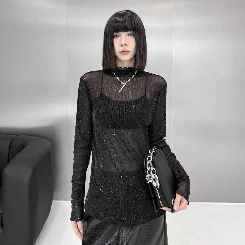 トップス レディース 秋冬 ハーフハイネック Tシャツ キラキラ メッシュ インナー ユニーク デザイン かわいい クール セクシー 甘め スタイル コーディネート レイヤード 日常 ファッション 軽やか 輝き レース 風