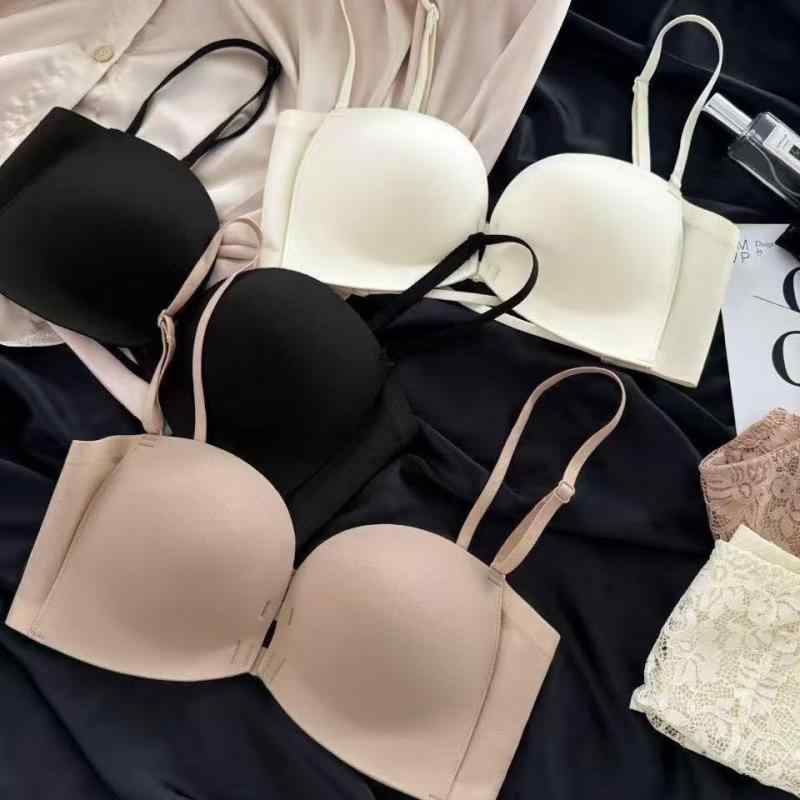 ブラジャー レディース ストラップレス ノンワイヤー フロントホック シームレス 滑り止め 寄せ集め ローラウンドカップ 美背クロス デザイン かわいい 背中美しく