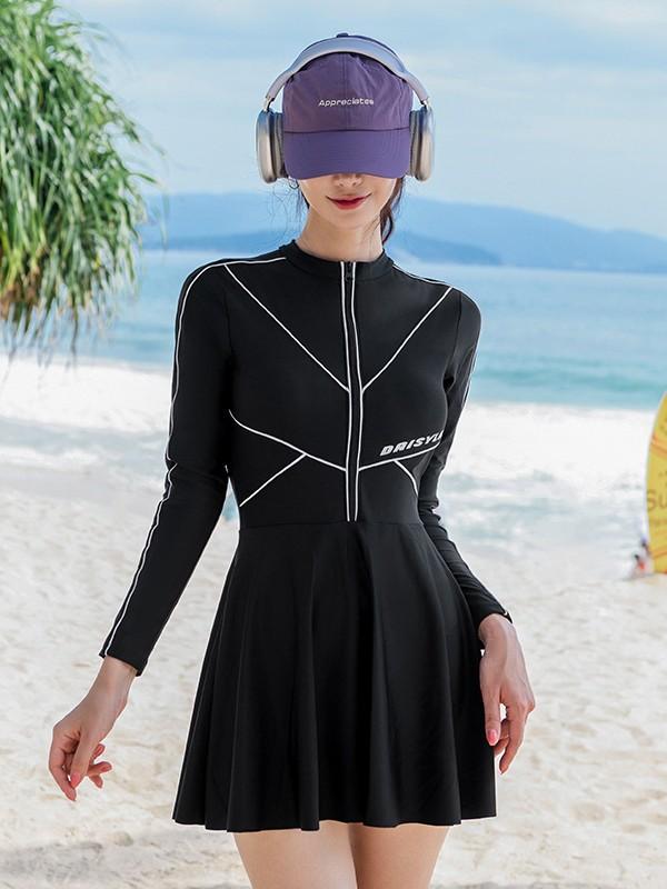 ワンピース水着 レディース 純色 スカートタイプ 肉感カバー スリム効果 保守デザイン 潜水服風 春夏