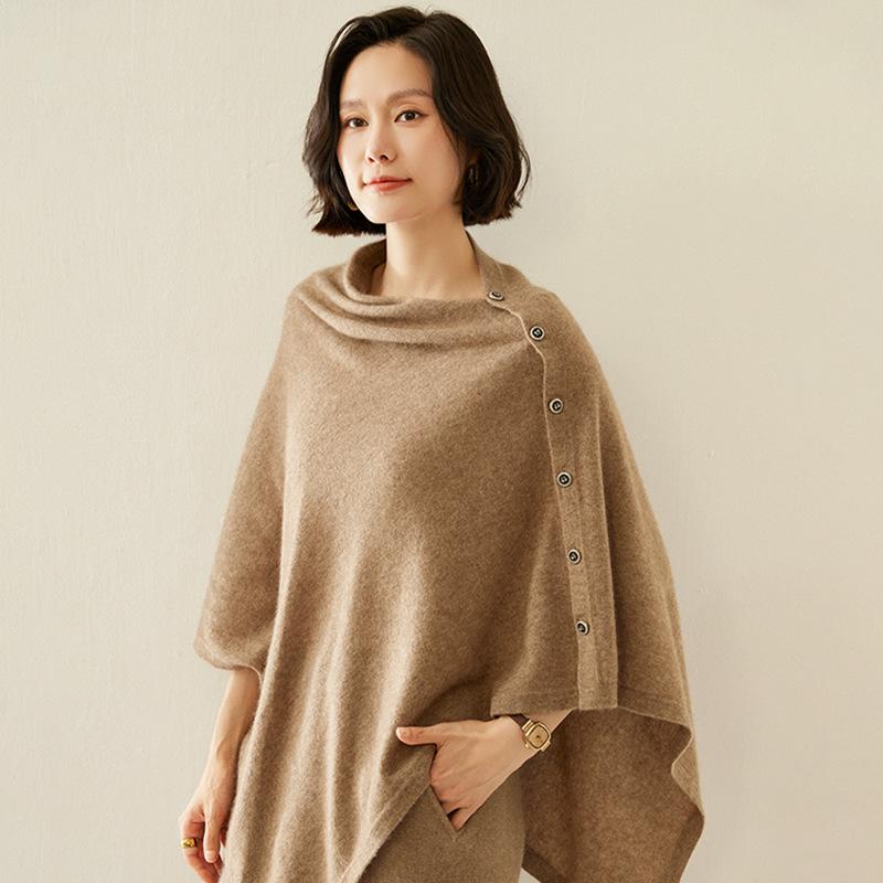ショール レディース ニット カシミア 保温 ケープ 単色 ボタン 肩守り 多機能 スカーフ 切り替え 再生繊維 軽量 通勤 部屋着｜くらしのセロネ