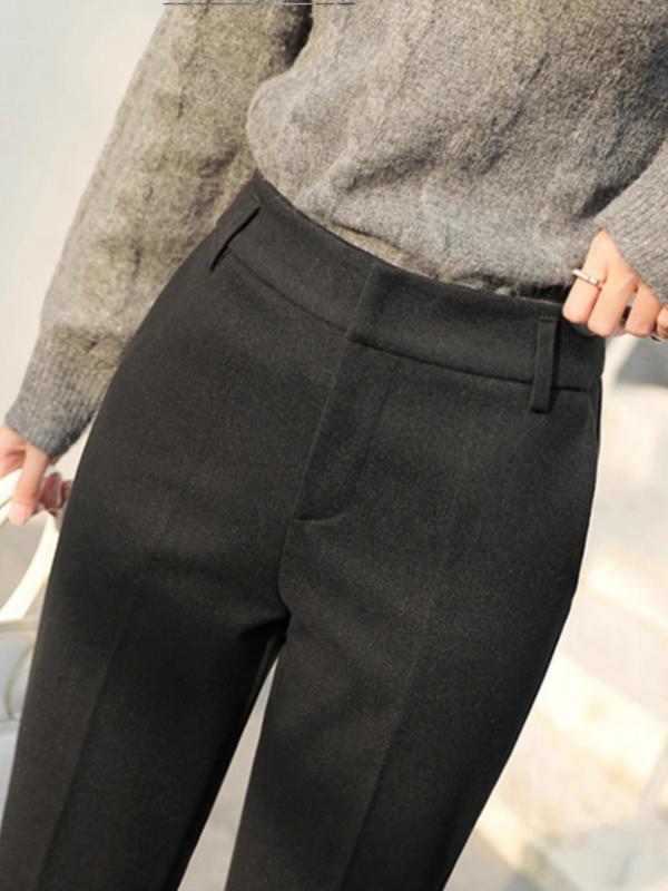 秋冬 レディース スーツパンツ ストレート ハイウエスト 厚手 ウール 通勤 小柄 スリム 9分丈 テーパード