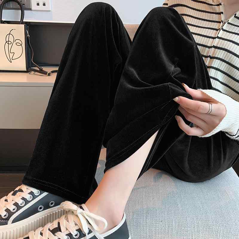 パンツ レディース 秋冬 ハイウエスト ワイドレッグ ドレープ ブラック ロング丈 ルーズ ストレート 小柄向け カジュアル ベルベット 素材 吸湿速乾 軽量 通勤 通学 アウトドア 部屋着