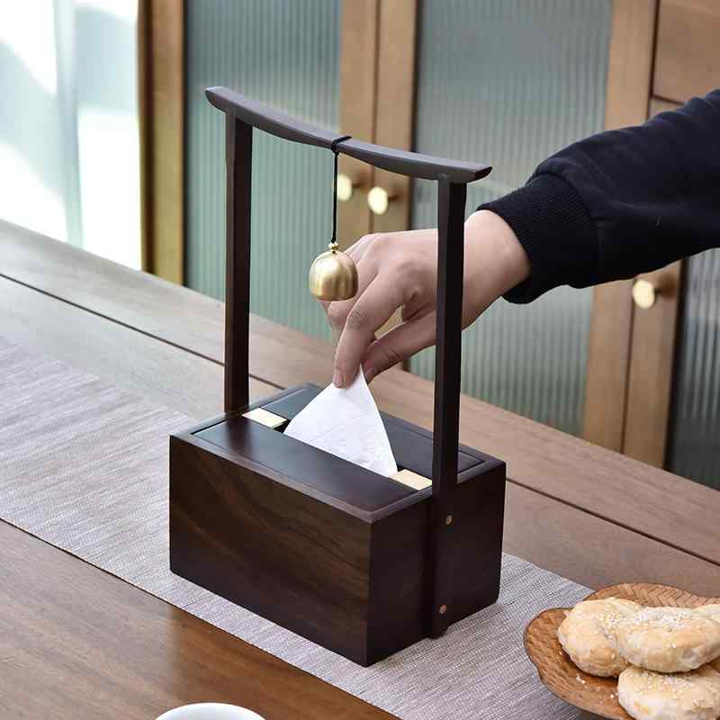 ティッシュボックス 実木 黒檀木 胡桃木 原木調 中華風 レトロ 取っ手付き 引き出し式 収納 インテリア 雑貨 リビングルーム ダイニングルーム キッチン トイレ 置物 デコレーション 木製ケース
