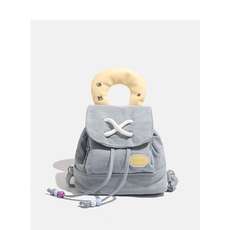 バックパック レディース デニム かわいい 復古デザイン 外出用 両肩 ハンドバッグ 小型 ポップカラー 切り替え 軽量 通勤 通学 アウトドア 綿混 ブラック ピンク系｜くらしのセロネ