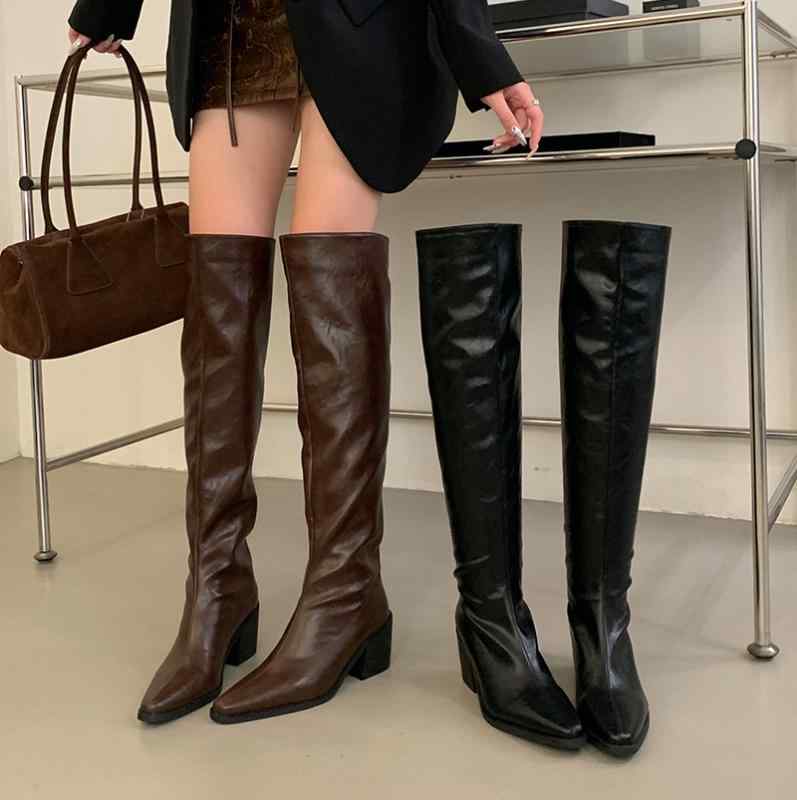 レディース ロングブーツ 長筒 ?士風 馬乗り表現スタイル なめし革 チャンキーヒール 粗底 ポインテッドトゥ 尖頭 百搭 合わせ分かりやすい 秋冬 シューズ 靴