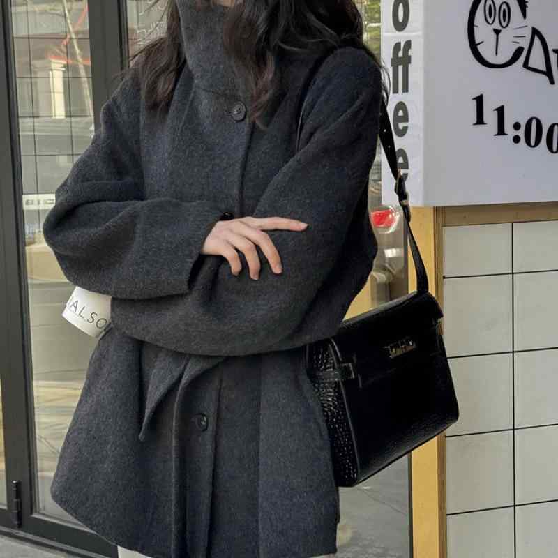 レディース 秋冬 厚地の外套 黒いこと 照明ランプ色つや 双面 カシミヤ 羊毛 アウター ミディアムロング 低身たけ か細い 窈窕たる 人となり 通い 日常 女子らしい 優しいこと