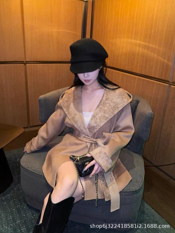 コート レディース 秋冬 ショート丈 フード付き カシミヤ 花柄 ベルト ダブルフェイス 上品 小柄向け 高級感