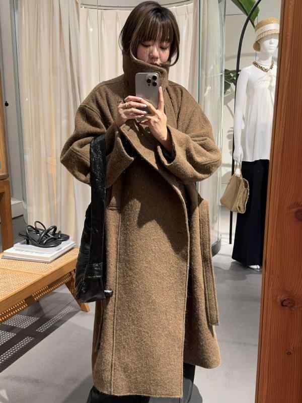 コート レディース スタンドカラー ベルト付き カシミア 厚手 秋冬 高級感 インフルエンサー 通勤 アウトドア 再生繊維 ブラック ピンク系 切り替え ショール ブローチ|くらしのセロネ