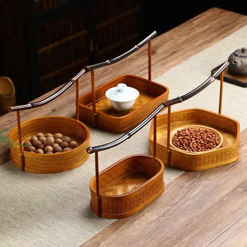 竹編みかご 手提げ籠 漆塗り 水果入れ 茶具収納 復古風 中華スタイル 手工製作 便携型 軽量 ナチュラル素材 日常使い インテリア雑貨 ギフト向き 耐久性