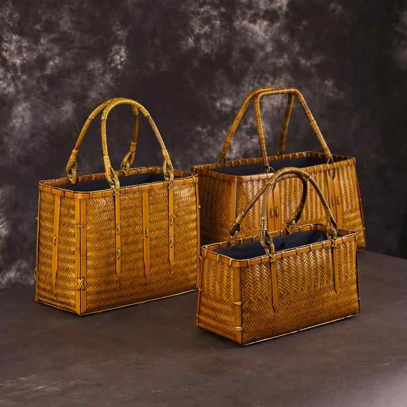 竹編みバッグ レディース 手提げ トート ハンドバッグ ハンドメイド レトロ 淡い黄色 ライトイエロー 竹素材 天然素材 旅行用 街歩き 観光 女性用 ナチュラル エコフレンドリー